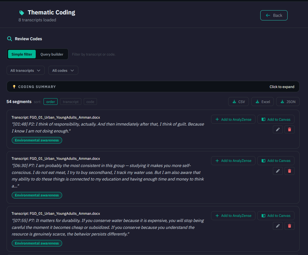Screenshot of the Review Codes panel in AnalyZ Solutions showing the coded segments and filter options