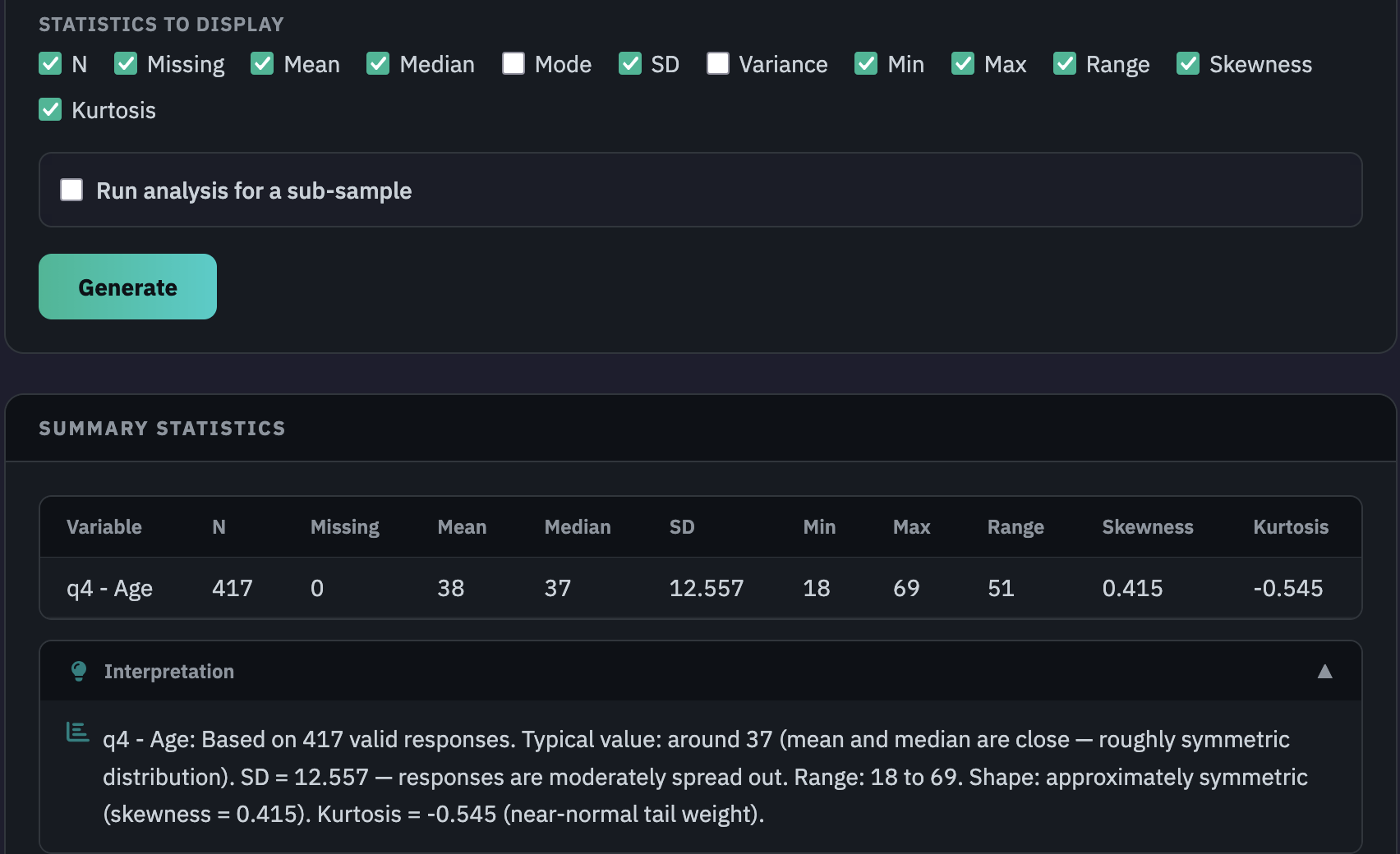 The Column Inspector panel showing variable type and value distribution for a numeric variable